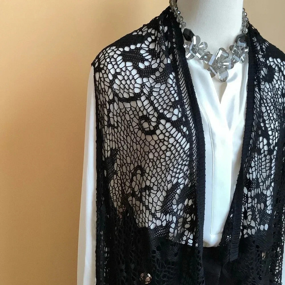 CREAM Black Mesh Fringed Lace Coverup OS - Picture 7 of 15